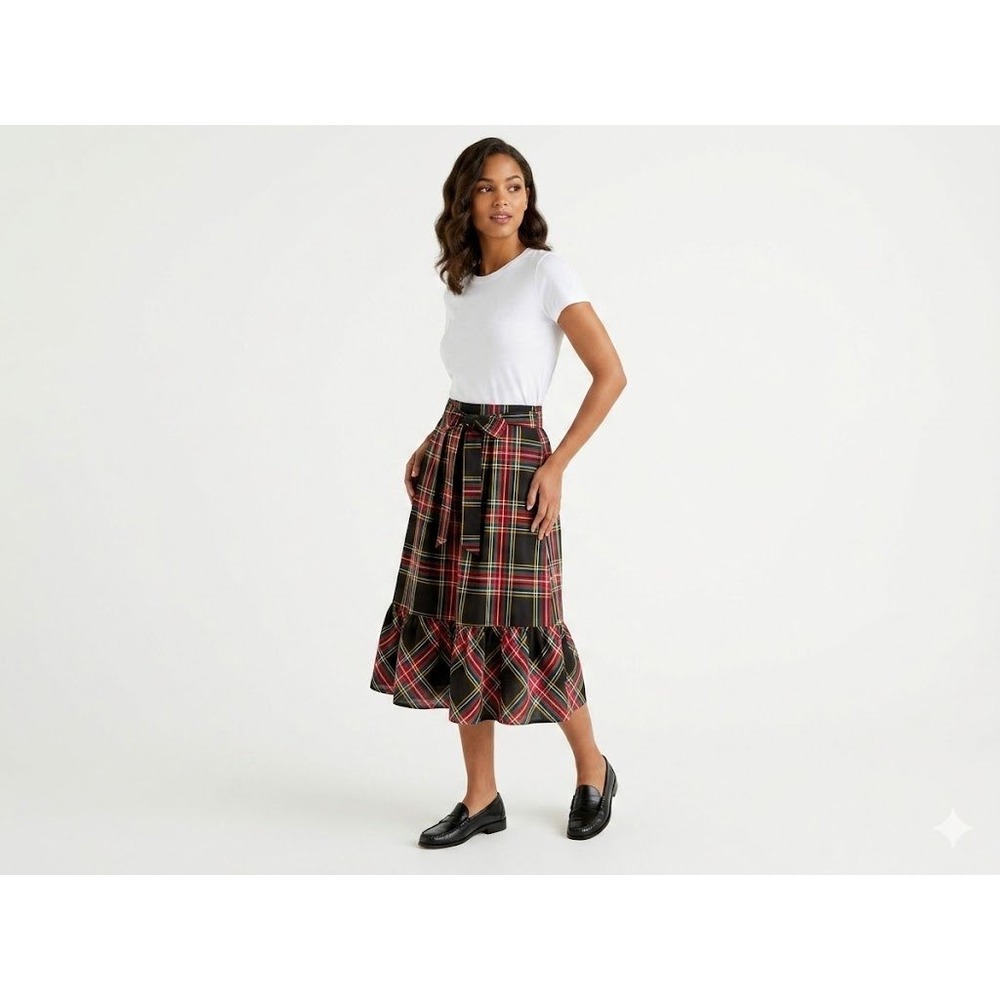 Vintage J.Crew Tartan Plaid Ruffle Hem Midi Skirt Waist Tie Red Black Green S